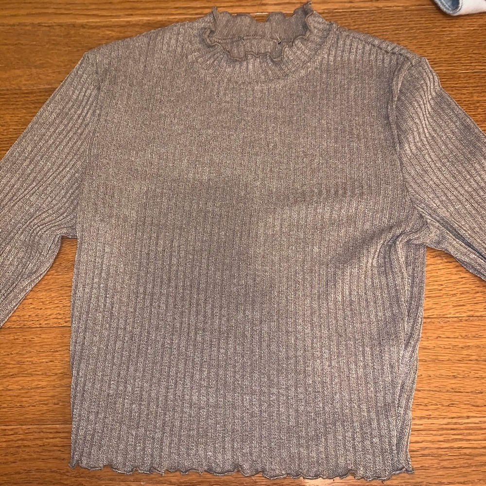 Lettuce Trim Frill Long Sleeve Brown Top
